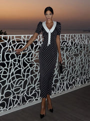 Dot Printed Dresses For Women Fashion Sexy Streetwear Short Sleeves Sheath Turn Down Collar V-Neck Long Vestidos Robes Female