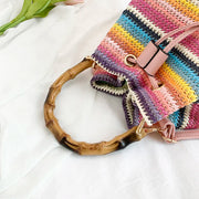 Large Capacity Straw Beach Bag Fashion Rattan Handbag Vintage Bamboo Handle Bucket Tote Women Pu Leather Shoulder Crossbody Bag