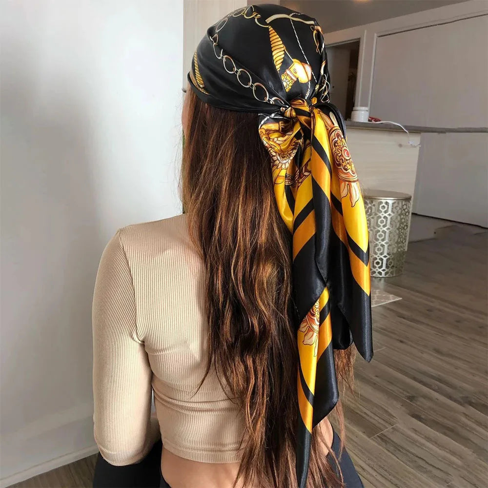 Silk Head Scarf Women Luxury Fashion Hair Scarve Summer Foulard Femme Satin Shawl Kerchief 90cm Square Headscarf Bandana Cheveux