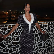 Dot Printed Dresses For Women Fashion Sexy Streetwear Short Sleeves Sheath Turn Down Collar V-Neck Long Vestidos Robes Female