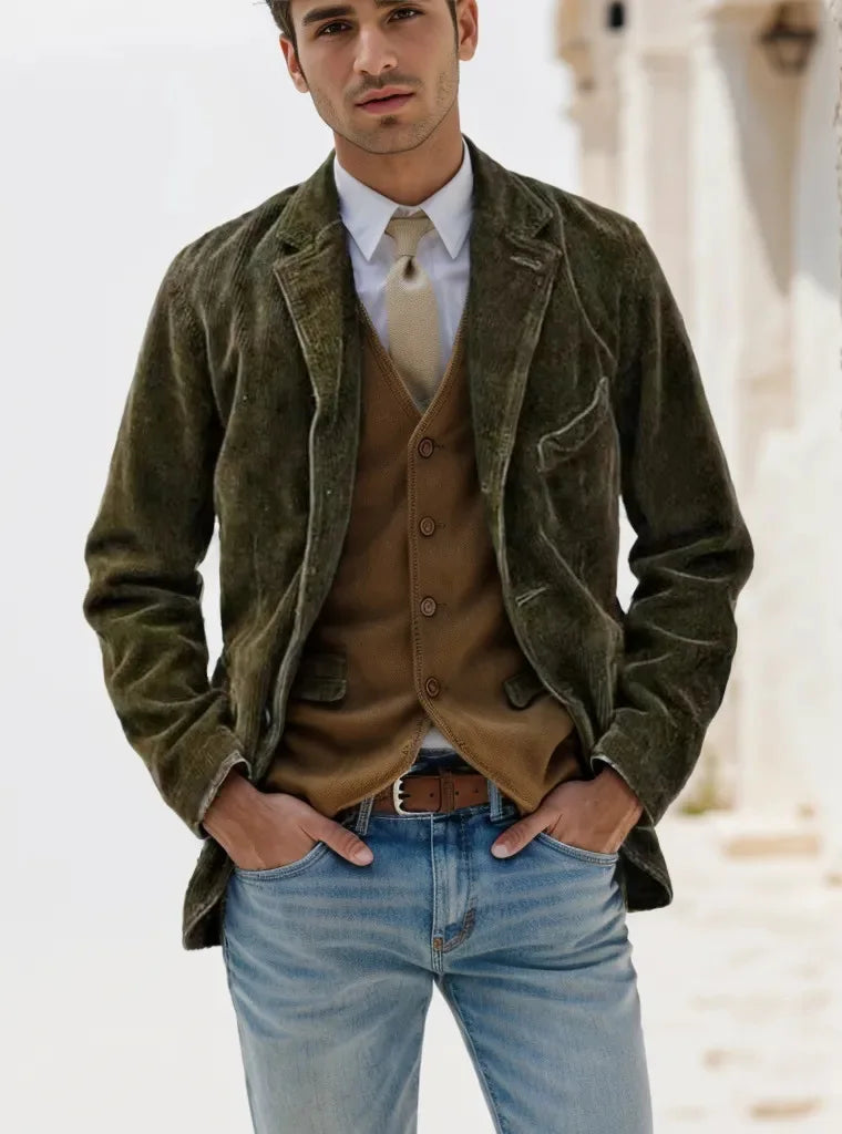 Men's Suit Jacket Corduroy Single-breasted Full Sleeve Multi-Pocket Vest Casual Clothes Business Elite Daily Blazers