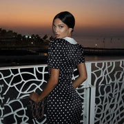 Dot Printed Dresses For Women Fashion Sexy Streetwear Short Sleeves Sheath Turn Down Collar V-Neck Long Vestidos Robes Female